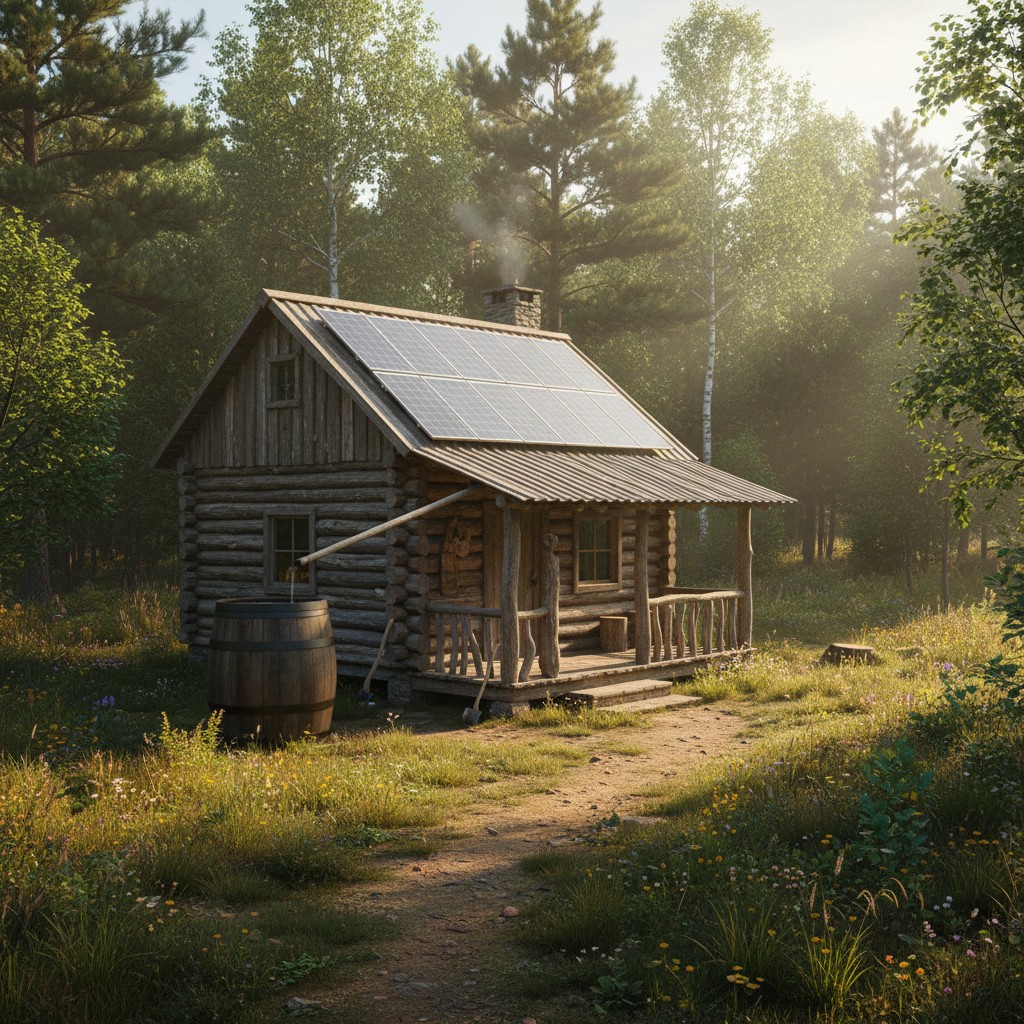 Small wooden off-grid cabin with solar panels in a forest clearing