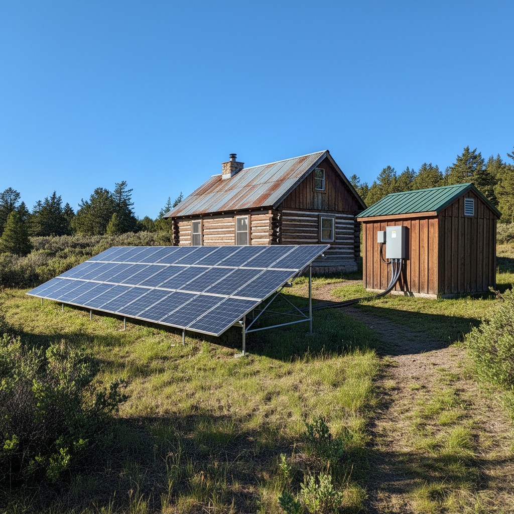 Ground-mounted residential solar panel array next to a cabin