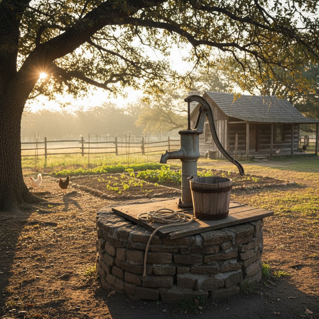 Manual hand pump on a deep water well in a rural homestead yard
