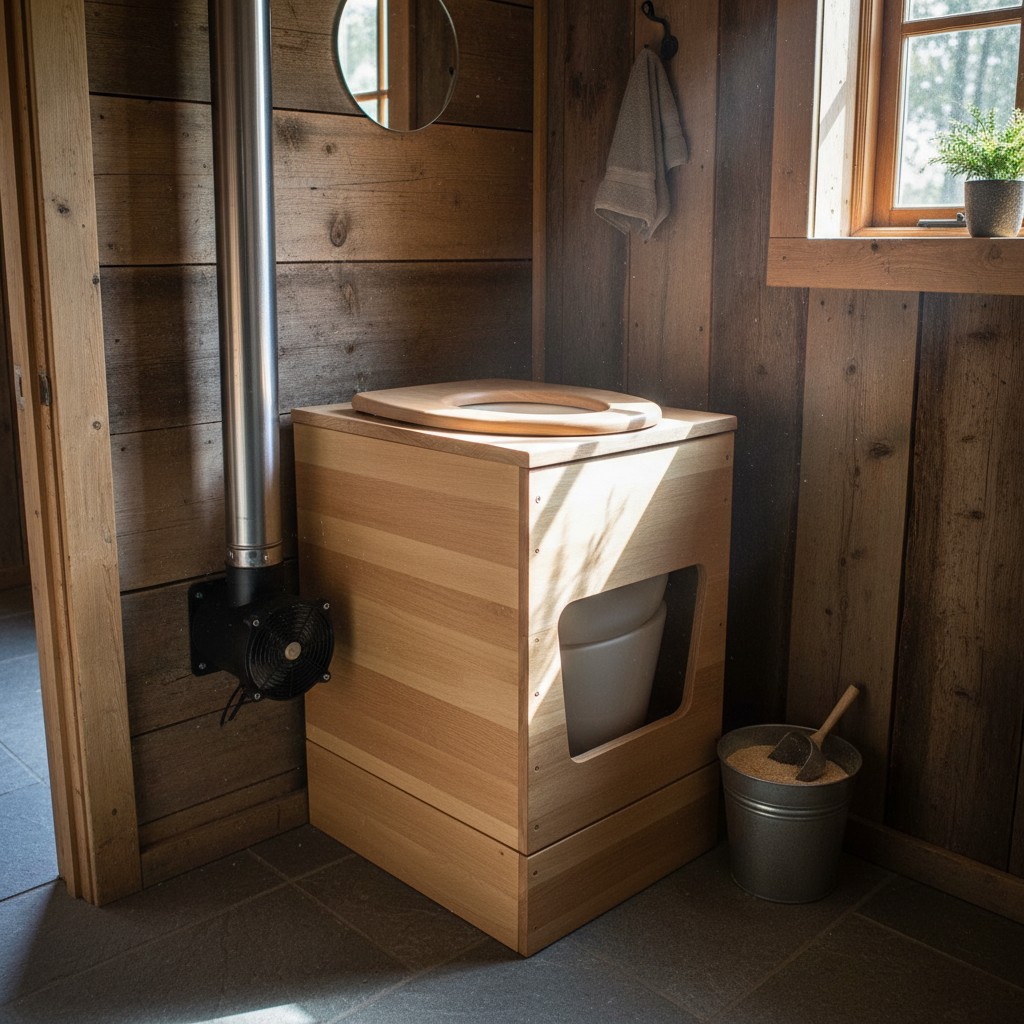 Wooden composting toilet enclosure with vent stack
