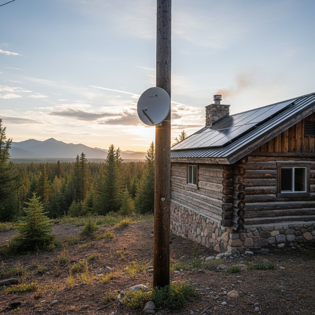 Starlink satellite internet dish mounted on a post near a cabin