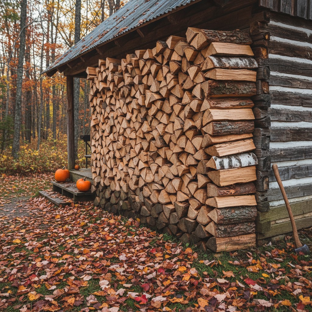 Stacked cord of split firewood against an off-grid cabin