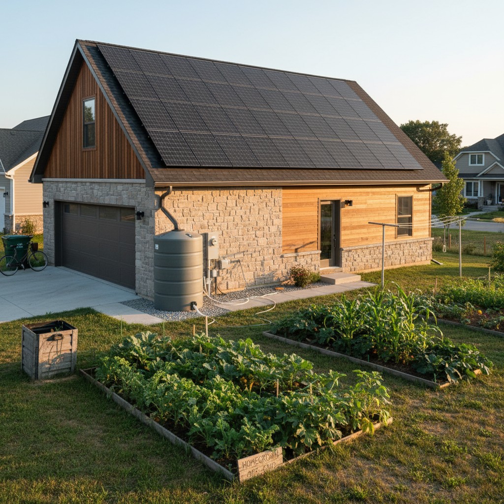Suburban home with rooftop solar and rainwater tank