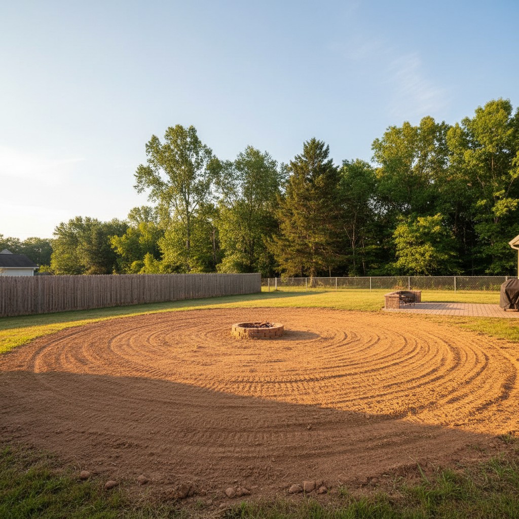 Marking the location of a new backyard fire pit with string and stakes on level grass