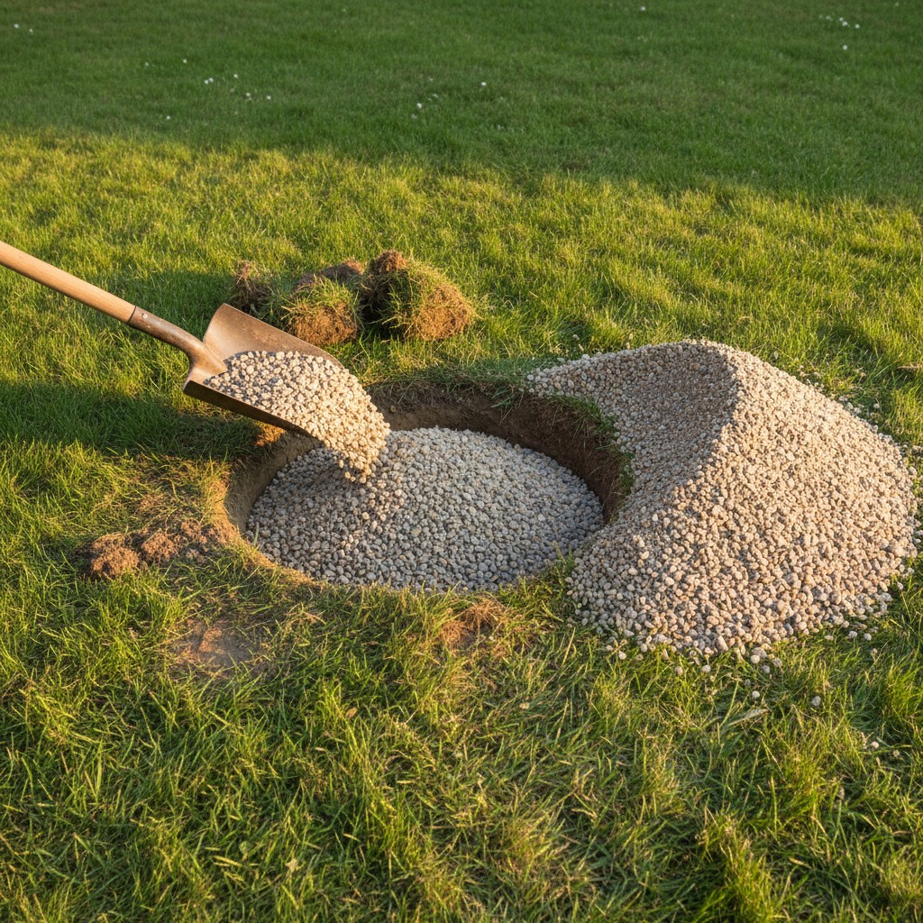 Tamped gravel base inside a circular fire pit excavation ready for stone installation