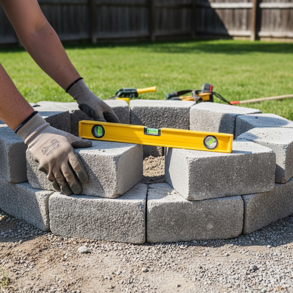 Gloved hands placing concrete retaining wall blocks in a circle with a level tool