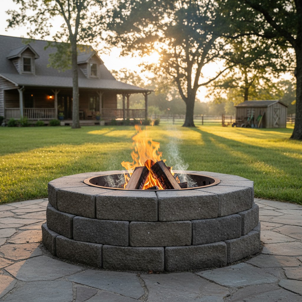 Completed stacked stone fire pit with a crackling wood fire glowing at dusk