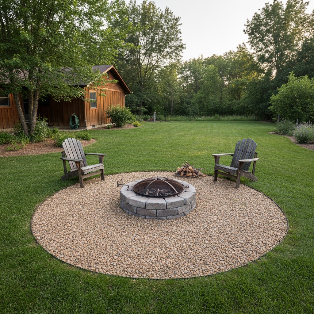 Backyard fire pit surrounded by a three-foot pea gravel spark buffer with Adirondack chairs
