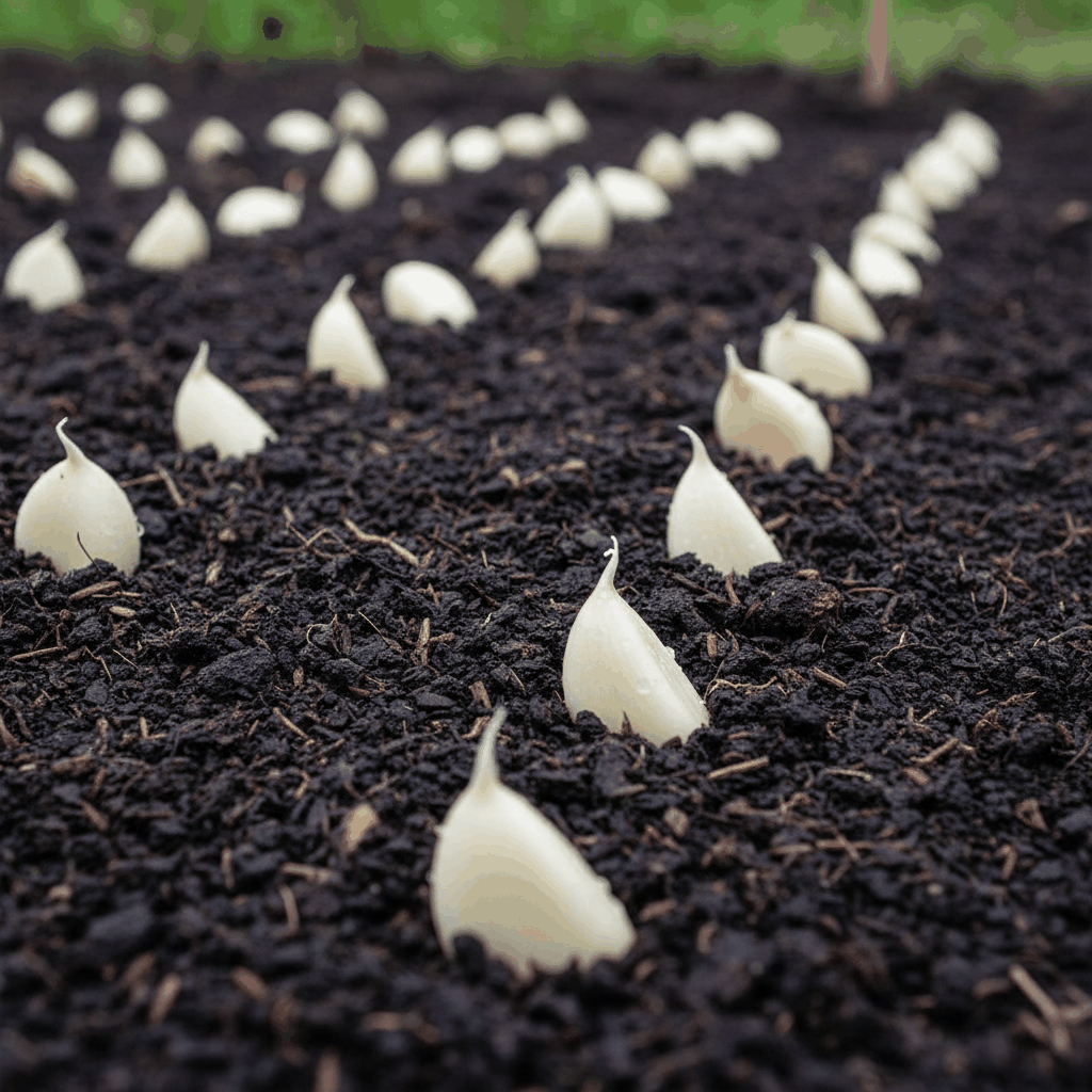 Garlic cloves planted pointy-end-up in dark garden soil