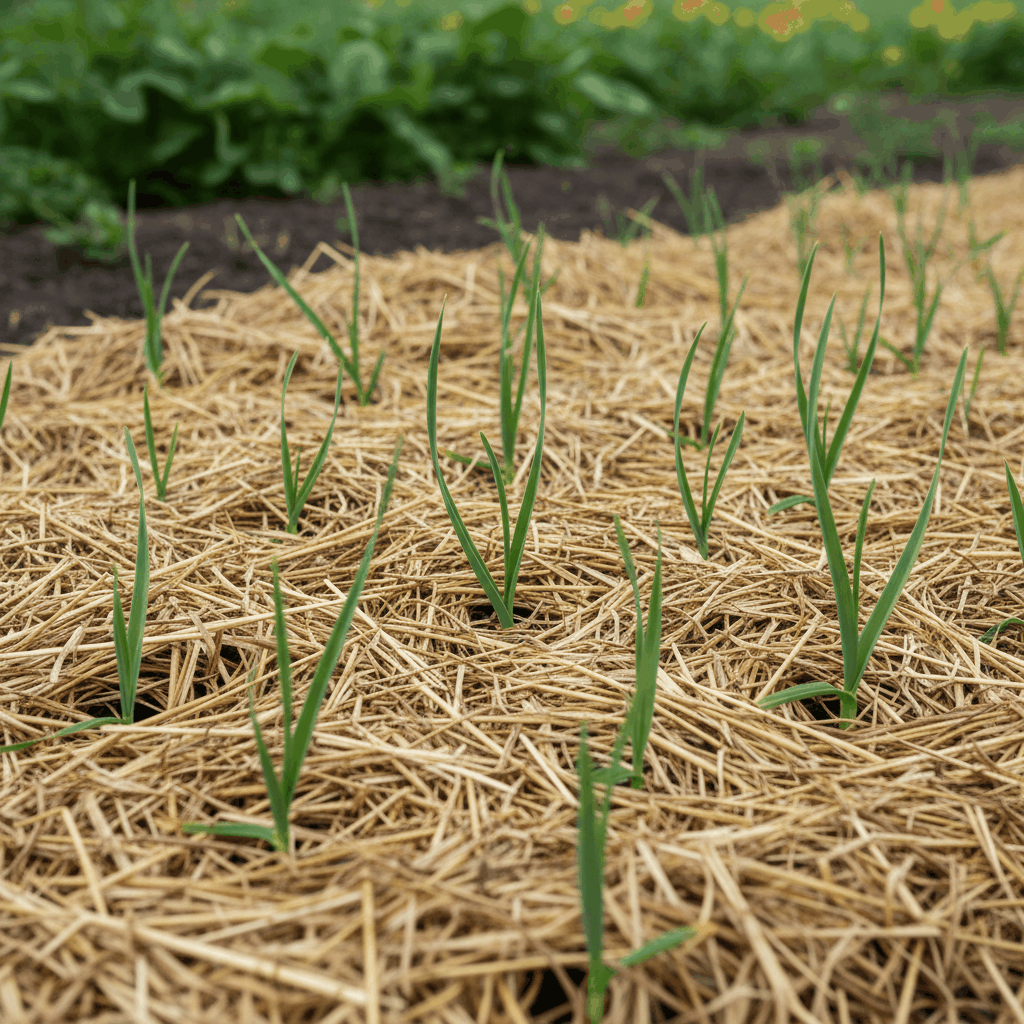 Green garlic shoots emerging through straw mulch in spring