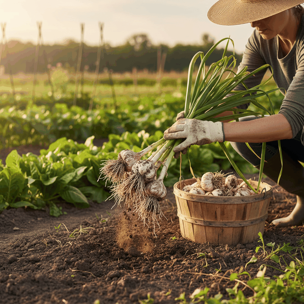 Fresh garlic bulbs being harvested from garden soil