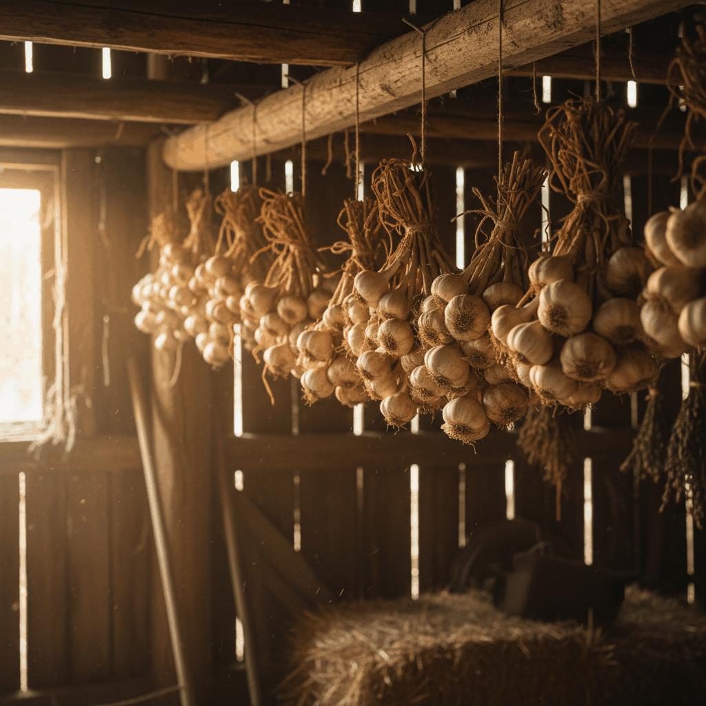 Garlic bundles hanging to cure in a rustic barn