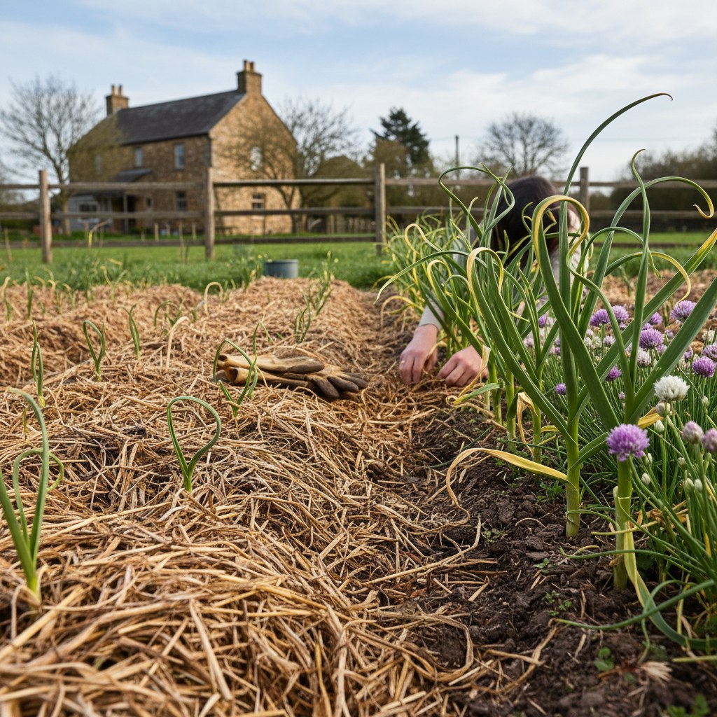 Winter and Spring Care: Mulch, Scapes, and Patience, homesteading