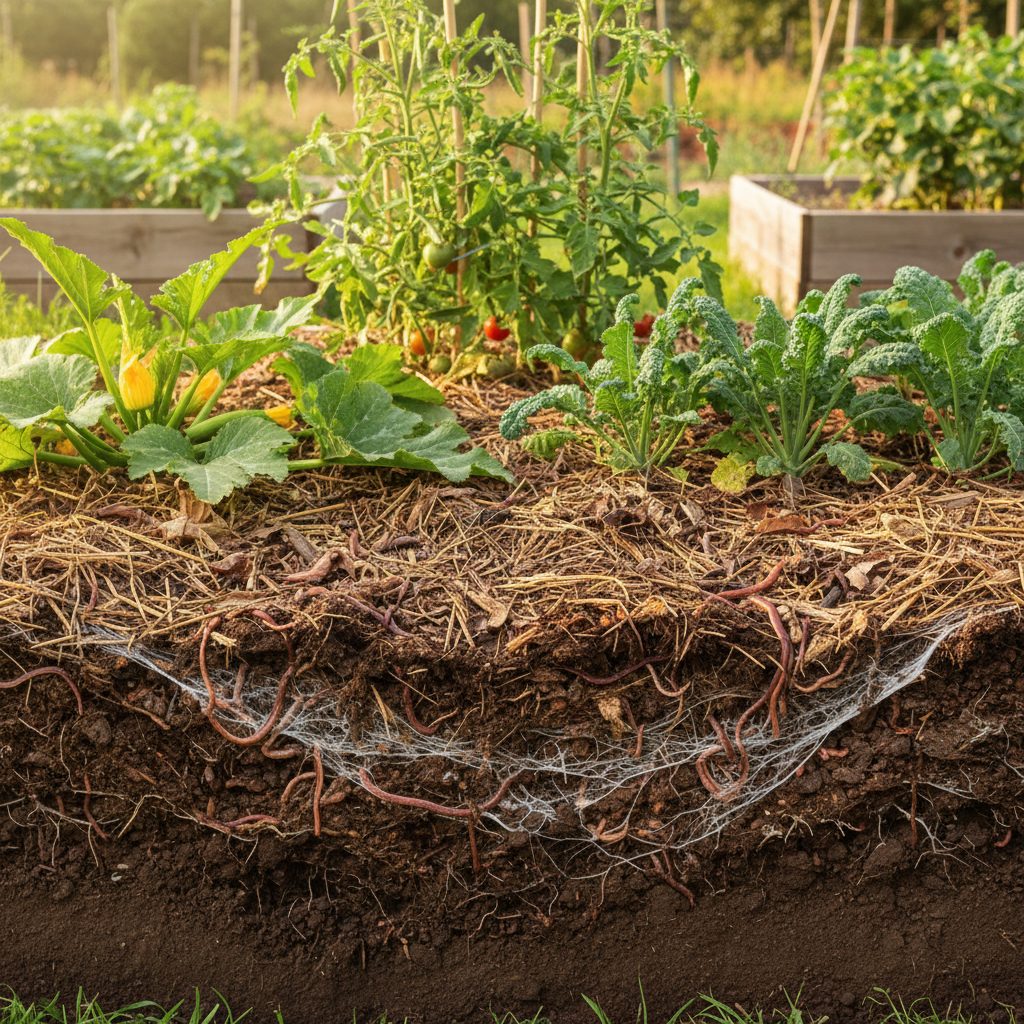 Cross-section of healthy no-till garden soil showing layers of mulch, organic matter, earthworms, and rich dark soil