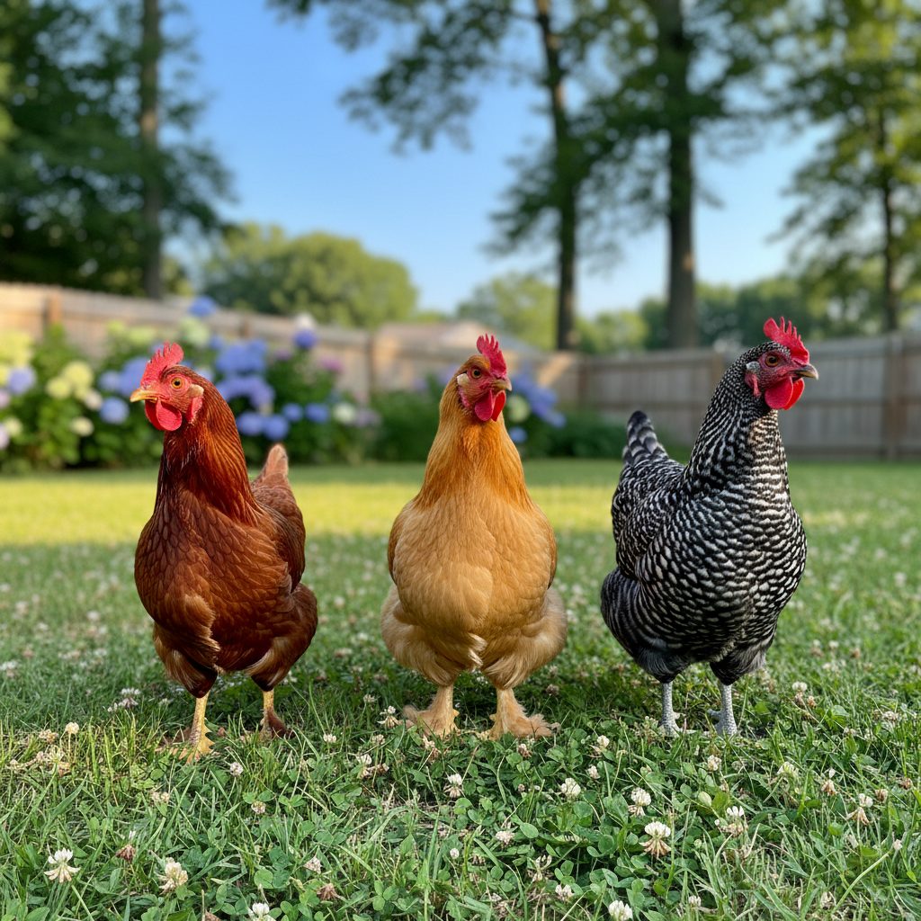 Three different backyard chicken breeds showing distinct plumage colors