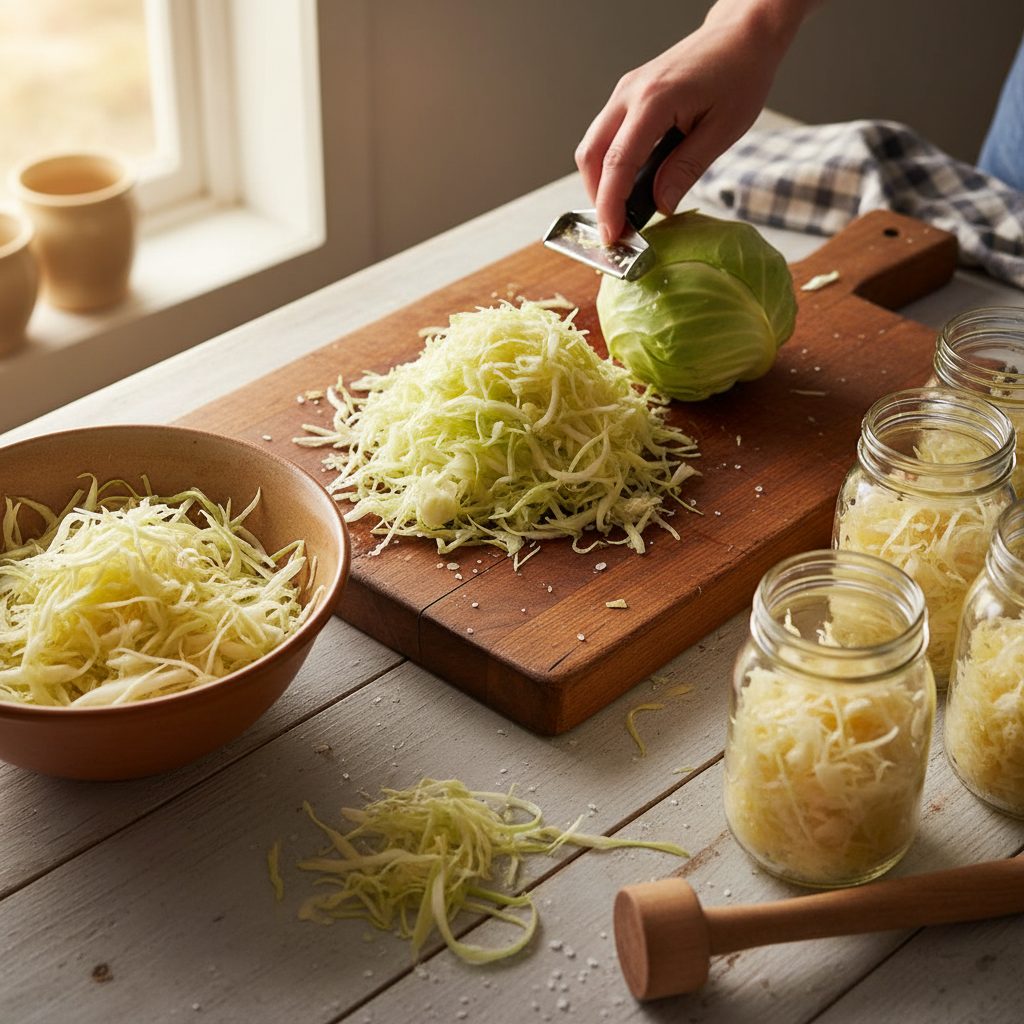 Step-by-step sauerkraut making process with cabbage being shredded, salted, and packed into jars