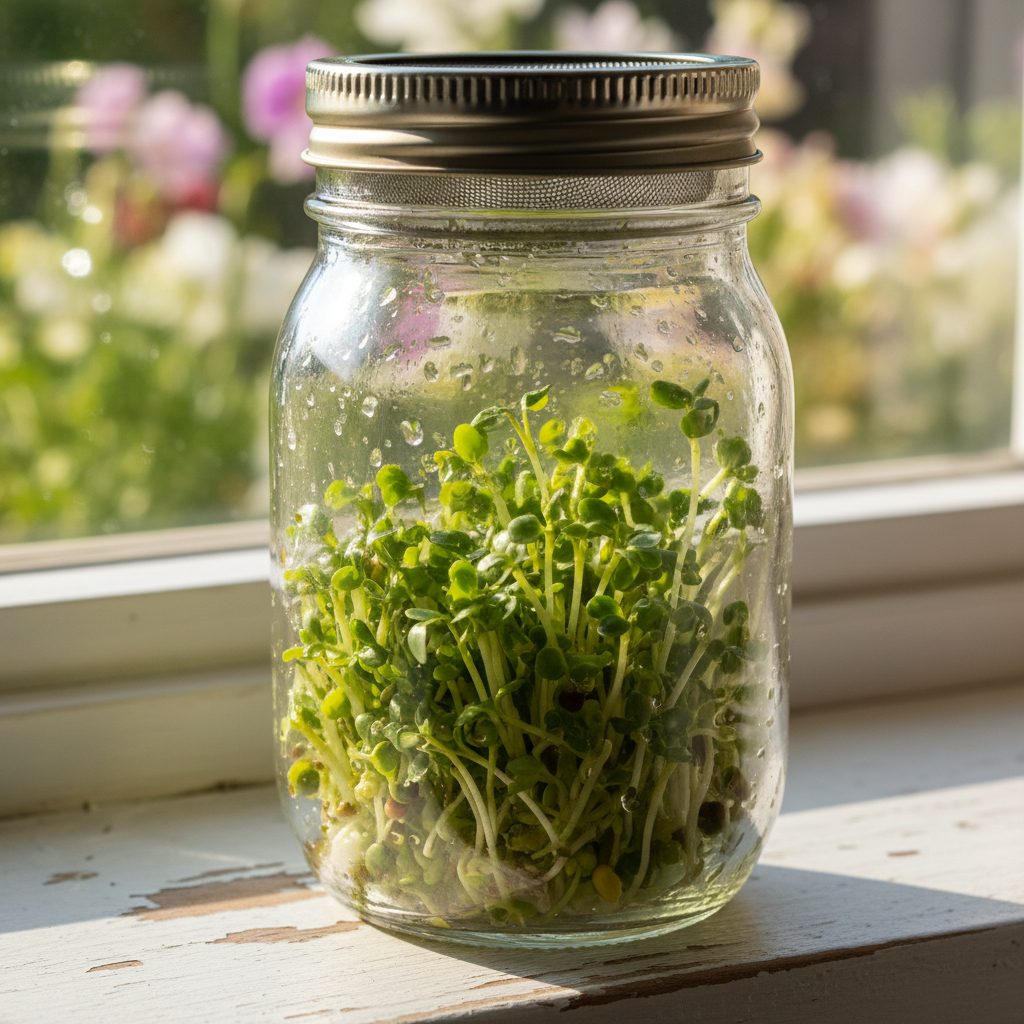 Mason jar with sprouting lid filled with growing microgreens on a sunny windowsill