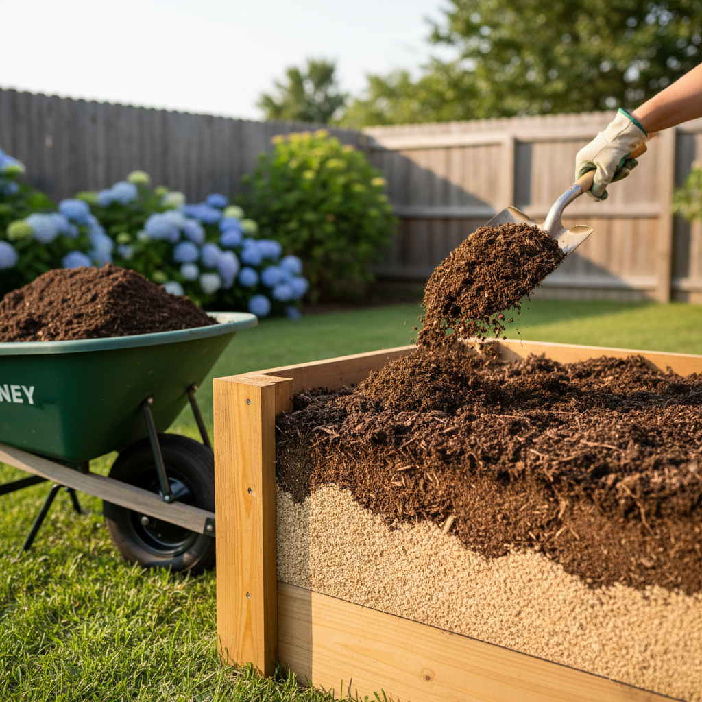 Raised bed being filled with layers of topsoil, compost, and aeration material