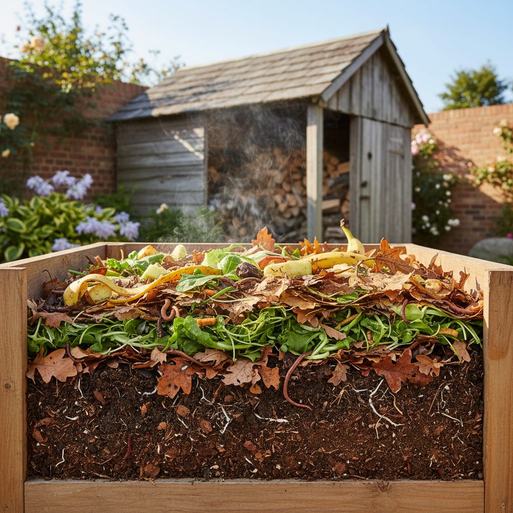 Layered compost bin showing alternating brown and green materials with active decomposition