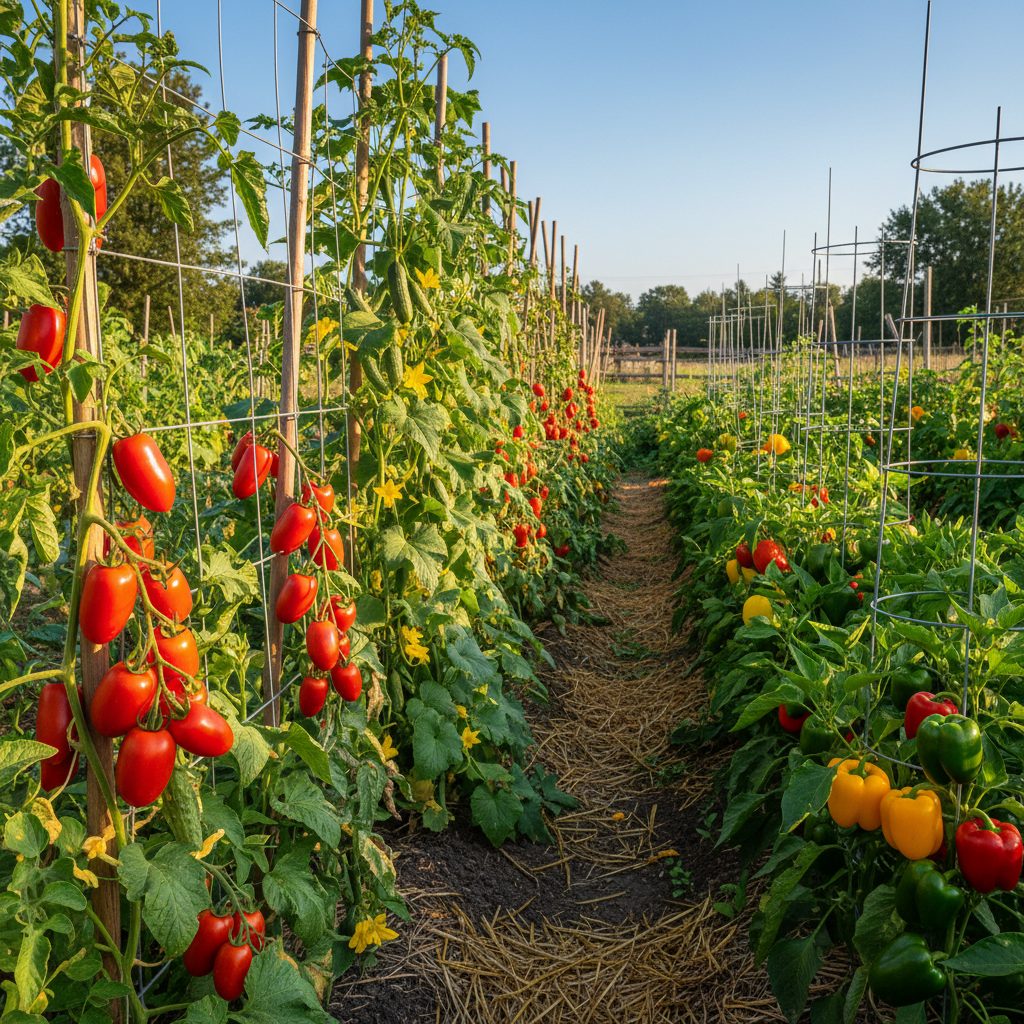 Garden row of paste tomatoes, cucumbers, and peppers grown for food preservation