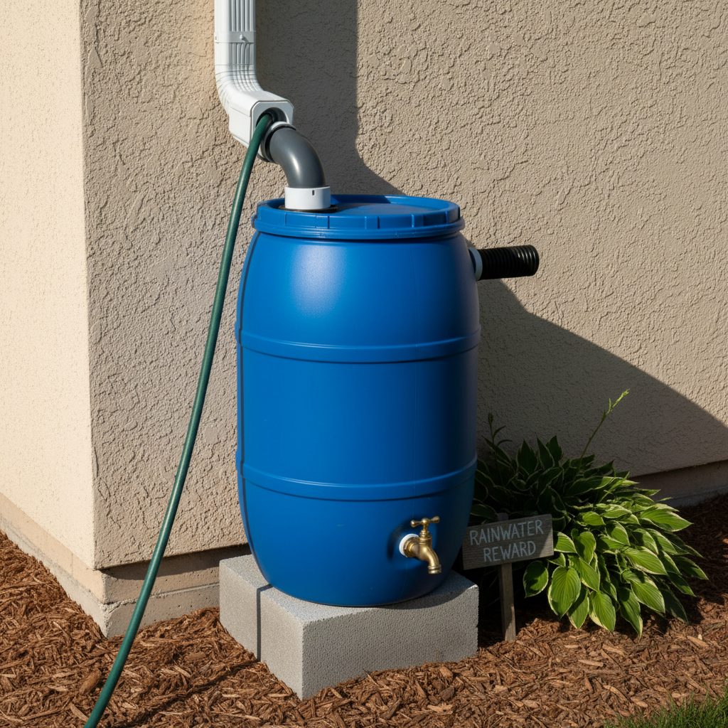 Complete DIY rain barrel setup with gutter connection, spigot, and garden hose