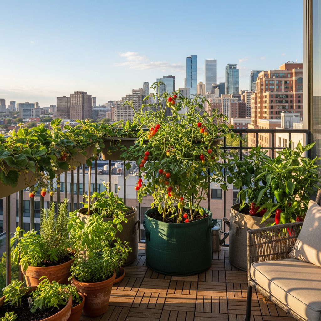 Cherry tomatoes, peppers, and herbs growing in containers on a sunny balcony