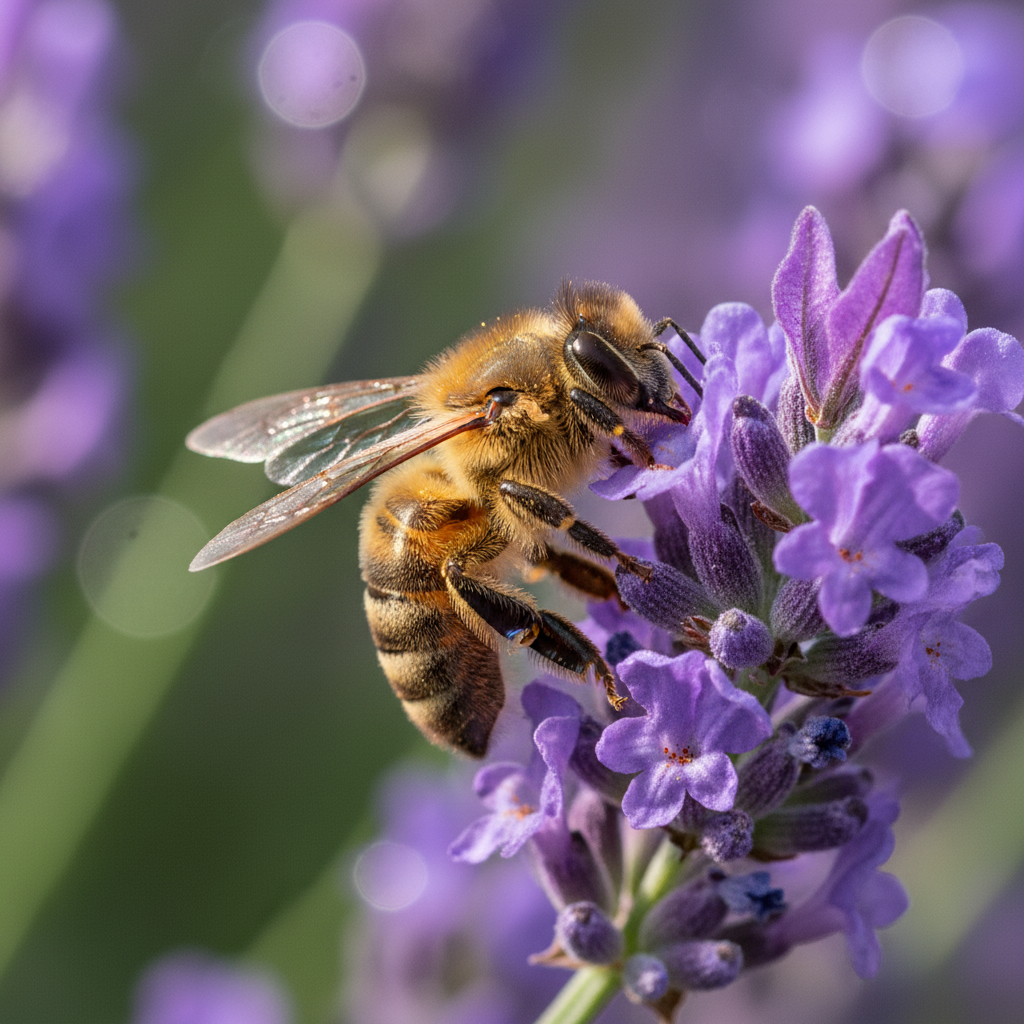 Honey bee covered in pollen visiting a lavender bloom in a pollinator garden