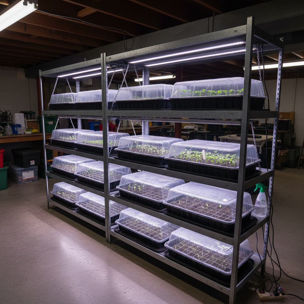 Complete indoor seed starting setup with trays, grow lights, heat mat, and spray bottle