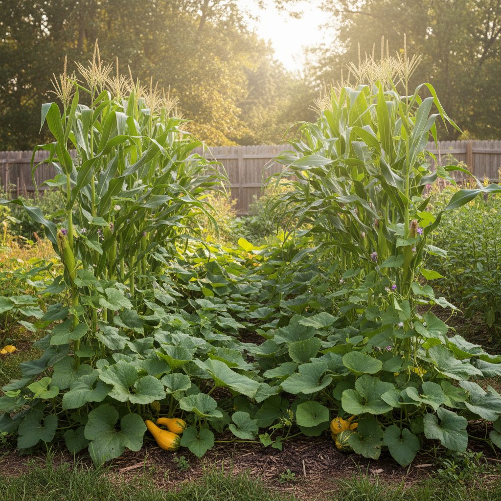 Three Sisters companion planting with corn, bean vines, and squash ground cover
