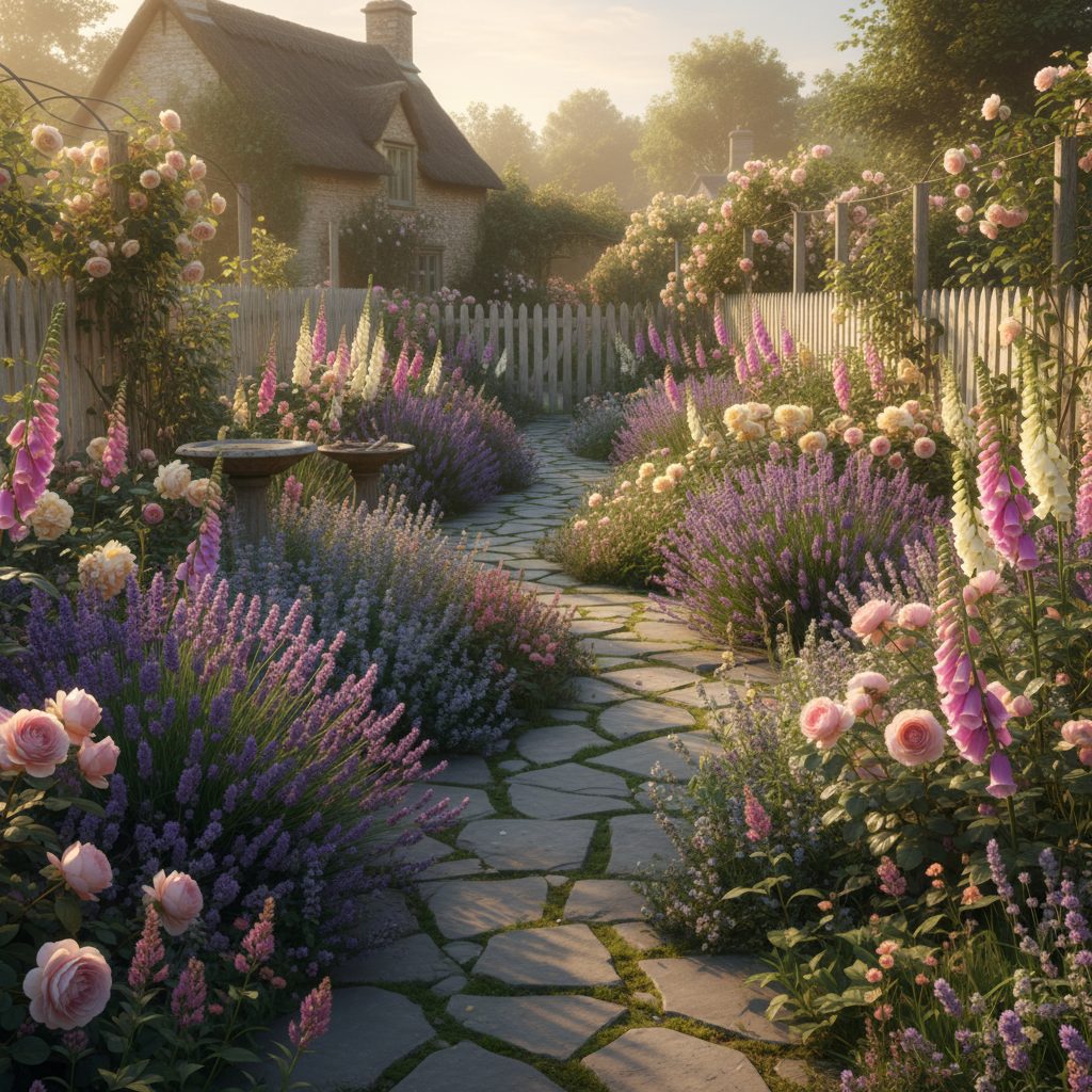 Winding stone pathway through a cottage garden with flowers spilling over edges