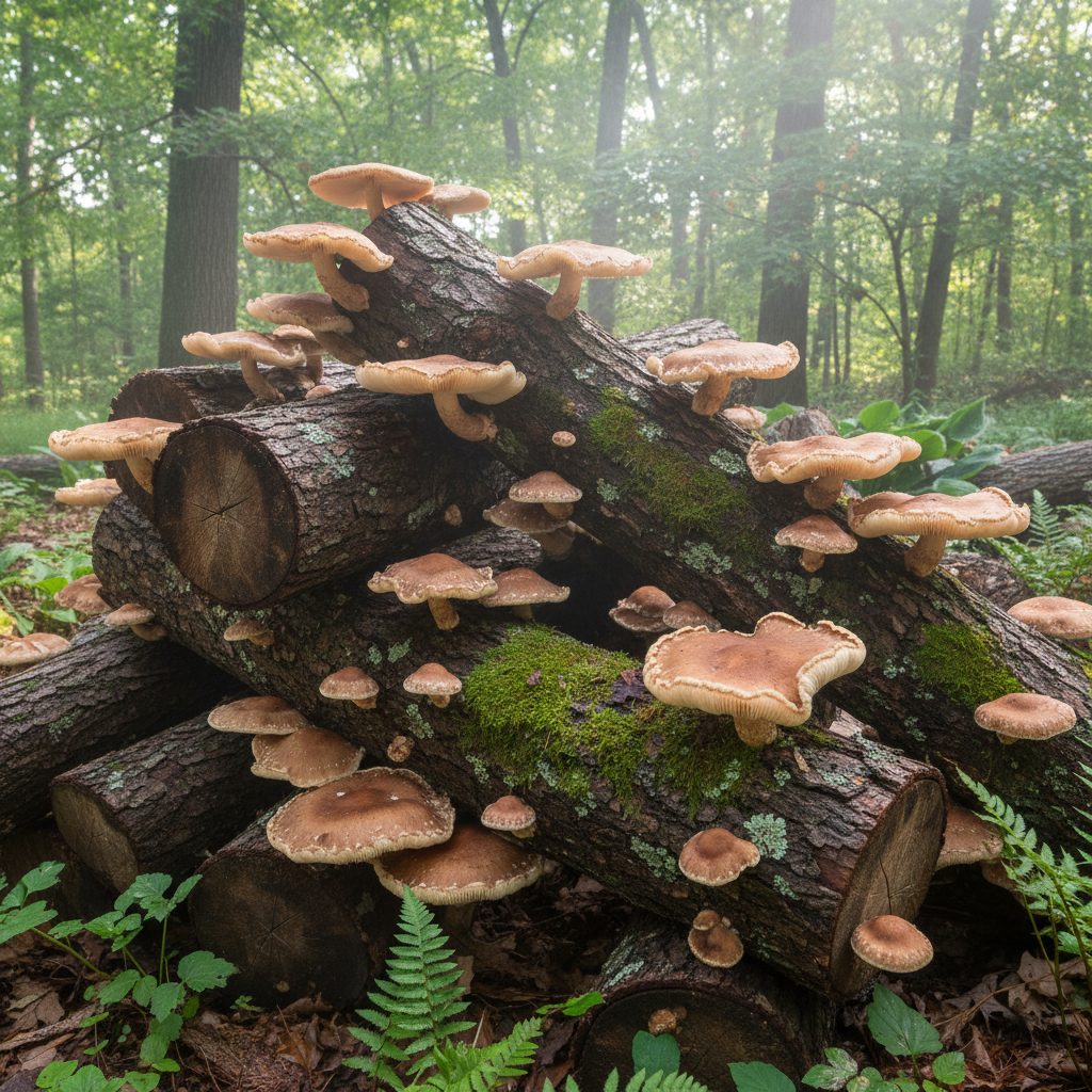 Shiitake mushrooms fruiting from inoculated oak logs in a shady garden