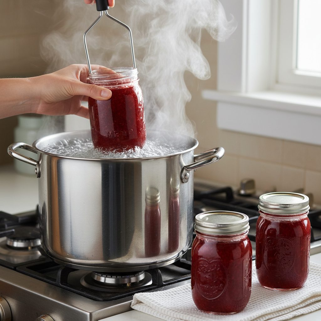 Mason jars of jam being lowered into boiling water with a jar lifter