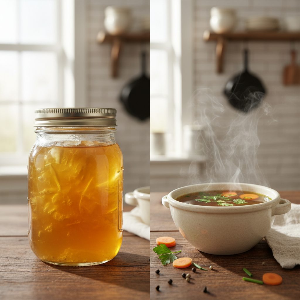 Golden bone broth showing gel consistency when cold next to a bowl of hot broth