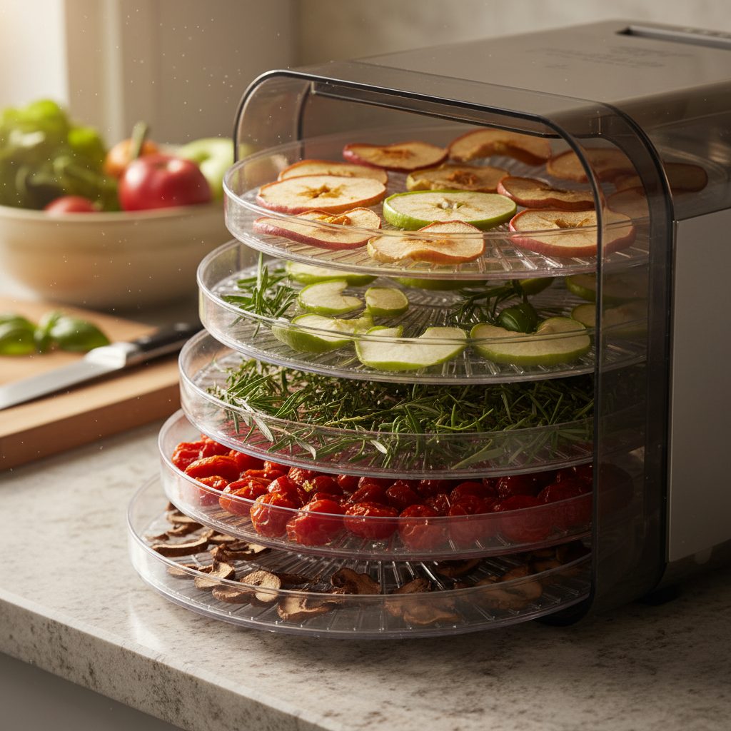 Food dehydrator with trays of sliced apples, herbs, and tomatoes at various drying stages