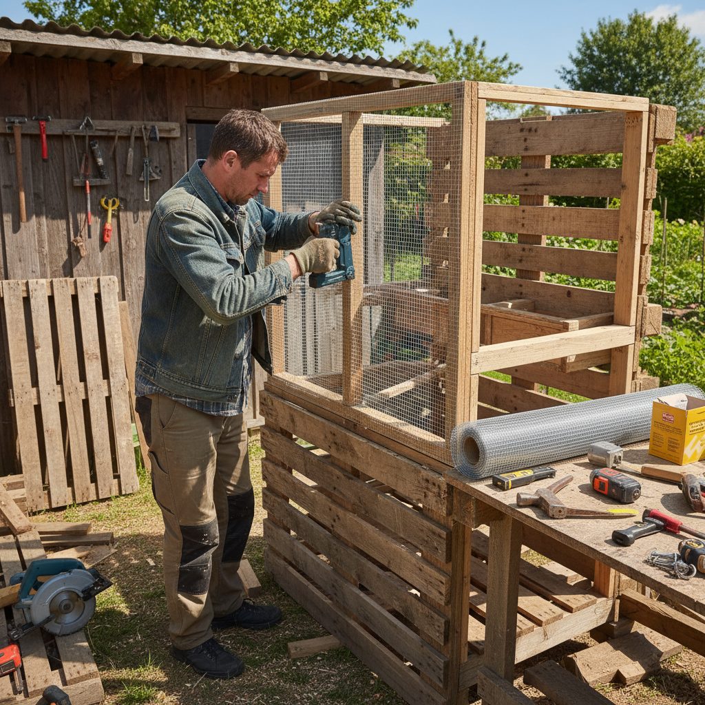 Person building a chicken coop from reclaimed pallets with hardware cloth and tools