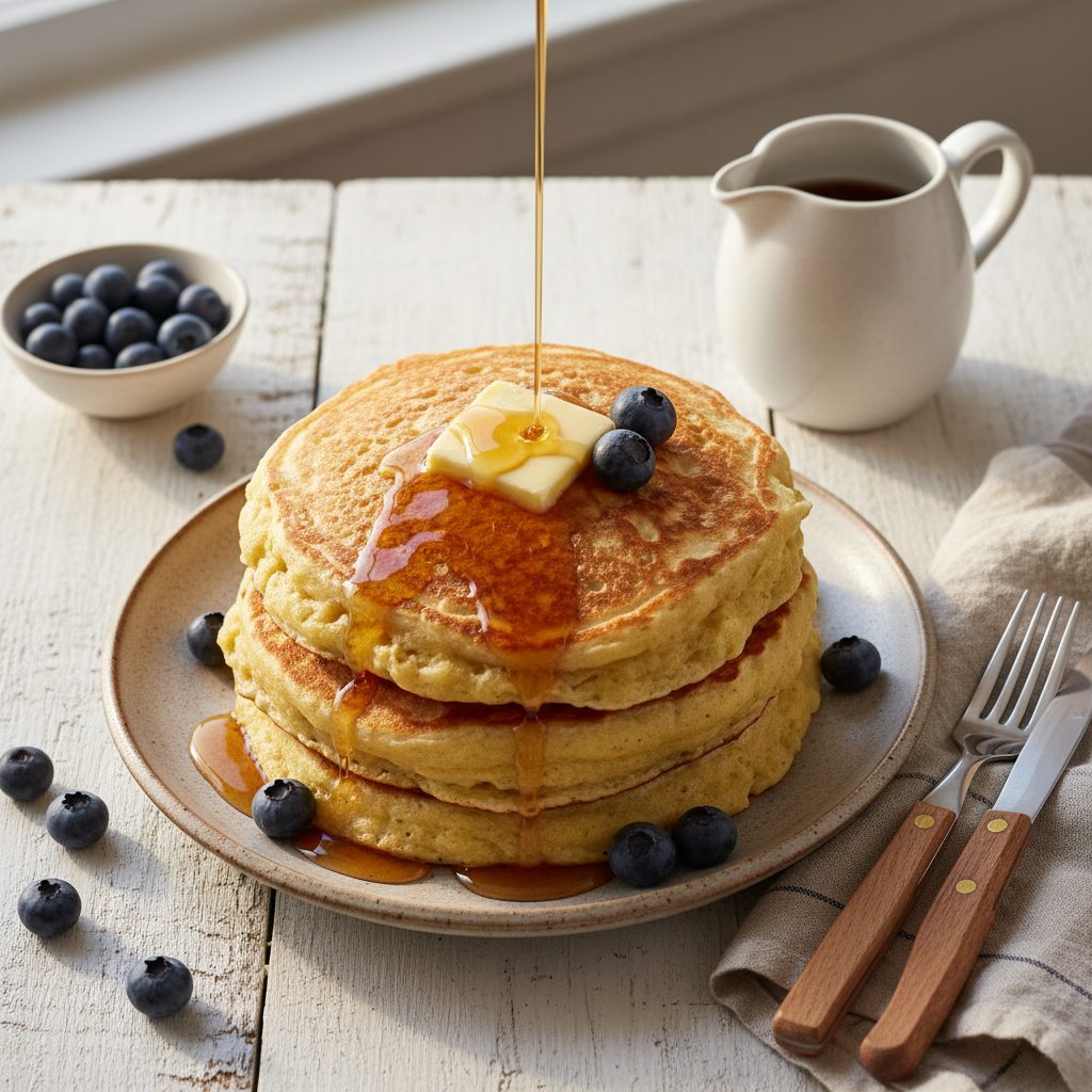 Stack of fluffy golden sourdough discard pancakes with butter, syrup, and blueberries