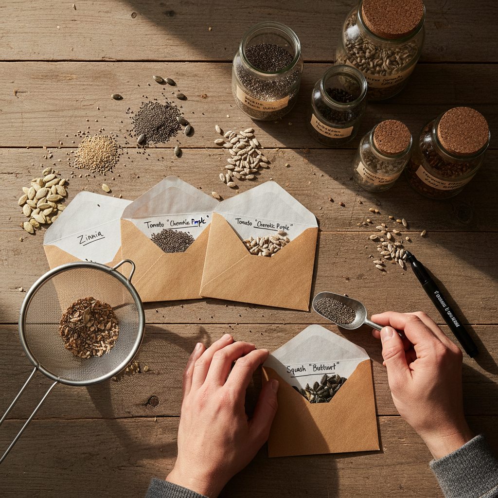 Dried seeds being sorted into labeled paper envelopes with jars of saved seeds
