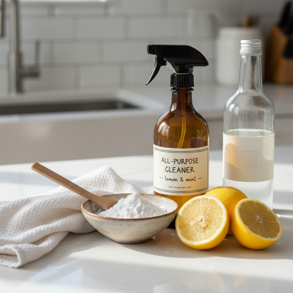 Homemade cleaning spray bottle with vinegar next to baking soda and lemons