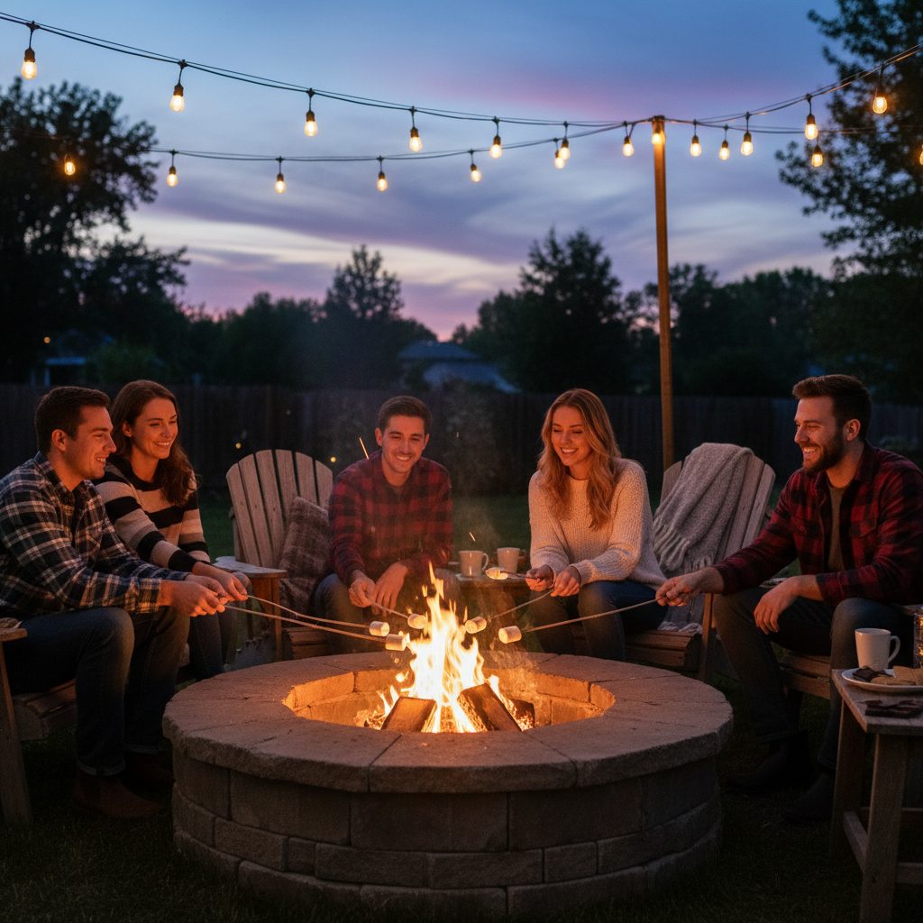 Friends gathered around a backyard fire pit at dusk roasting marshmallows