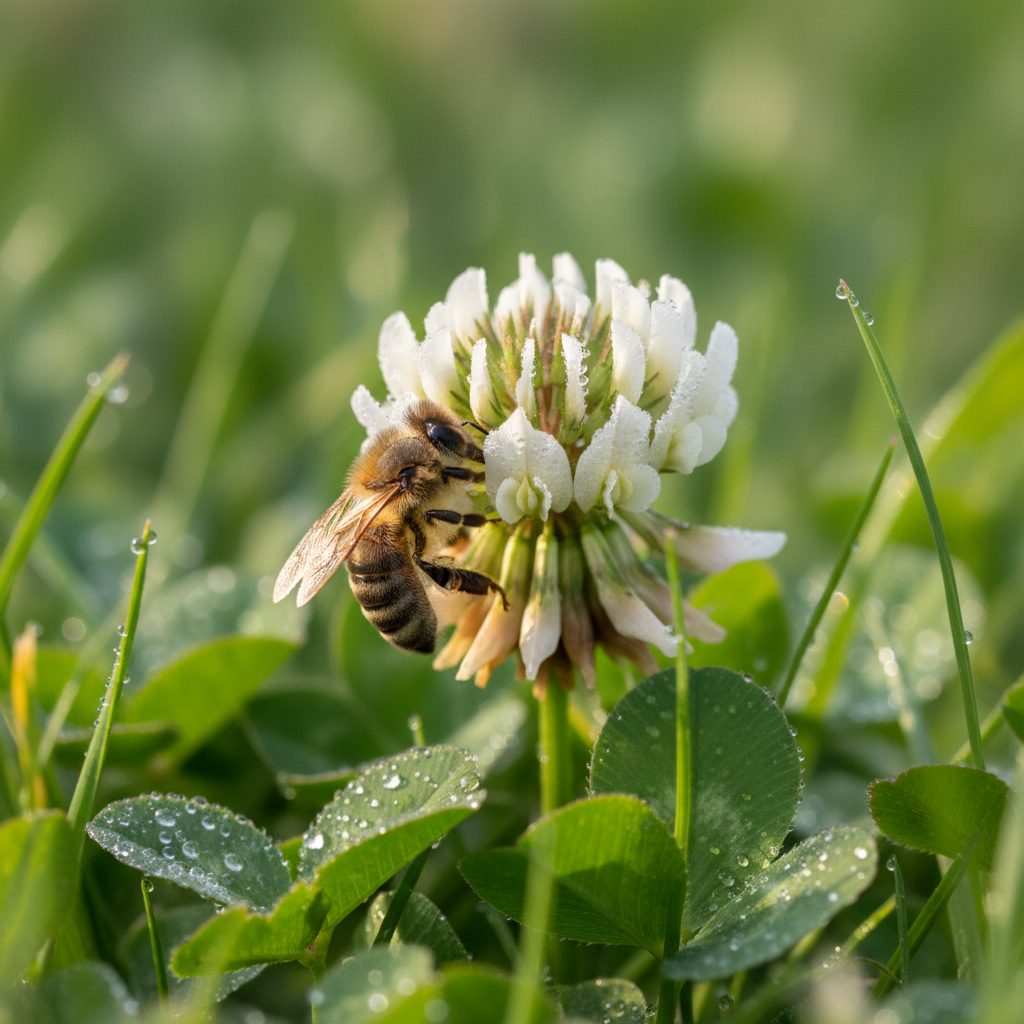 Macro close-up of white clover flowers with a bee visiting