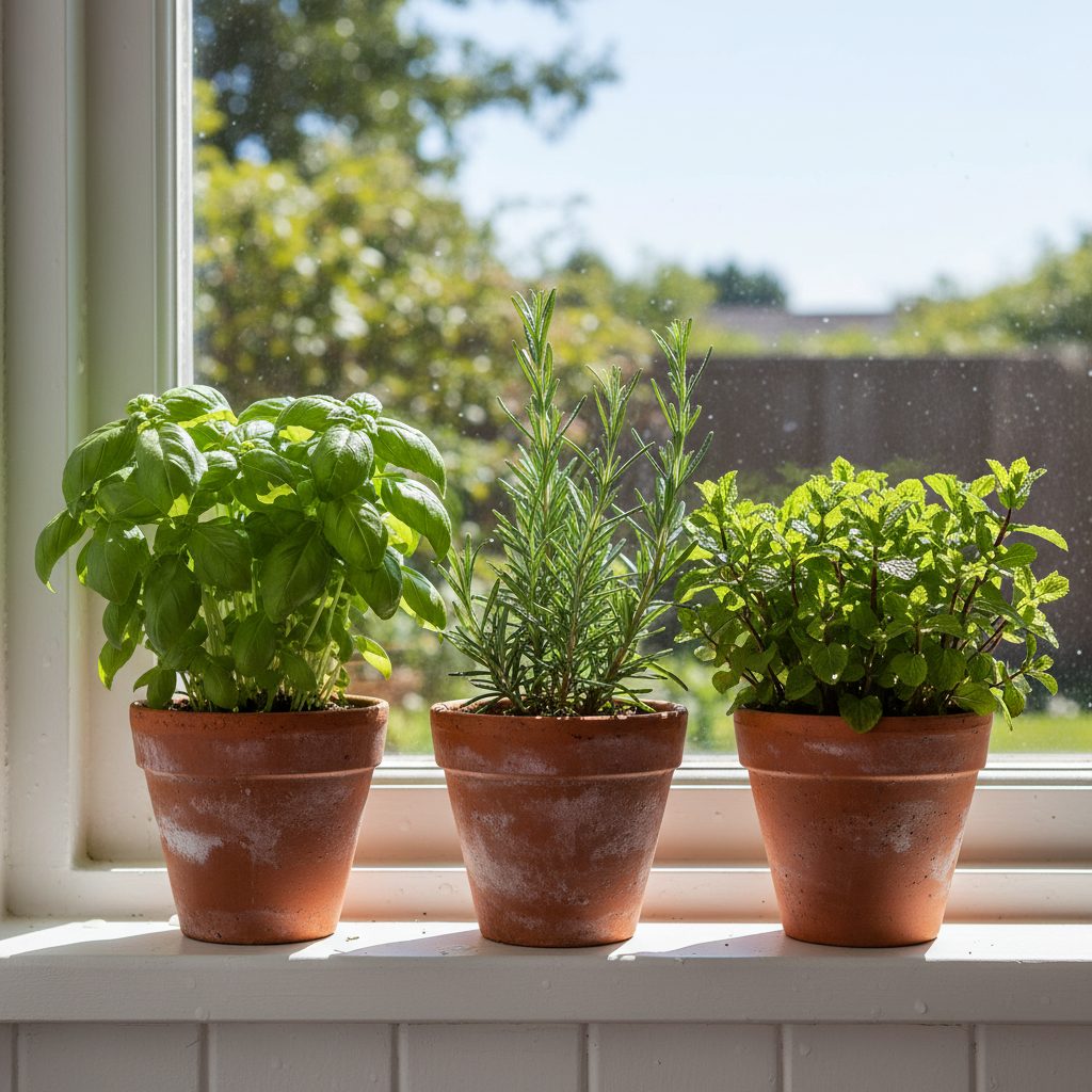 Fresh basil, rosemary, and mint in terra cotta pots on a sunny kitchen windowsill