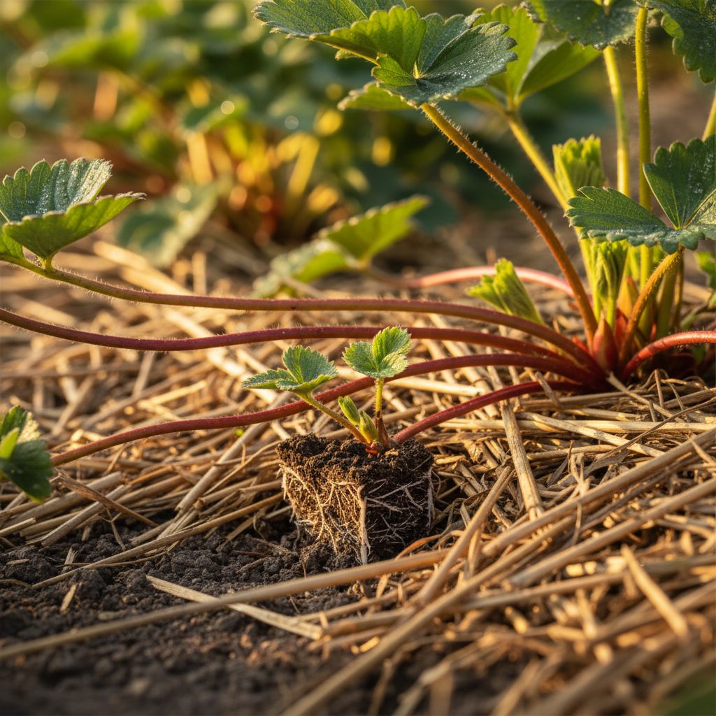 Strawberry plant with runners extending out showing baby plantlets forming