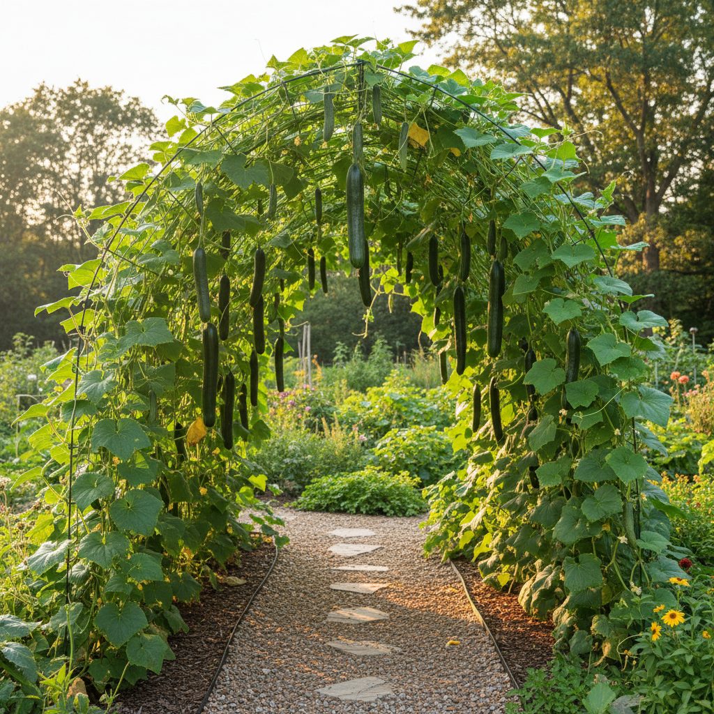 Cucumber vines climbing a cattle panel trellis arch with hanging cucumbers