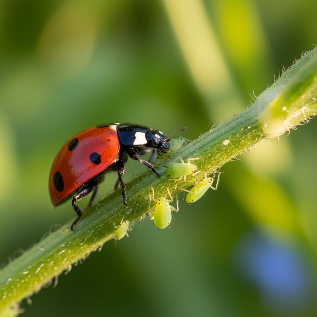 Ladybug eating aphids on a plant stem showing biological pest control