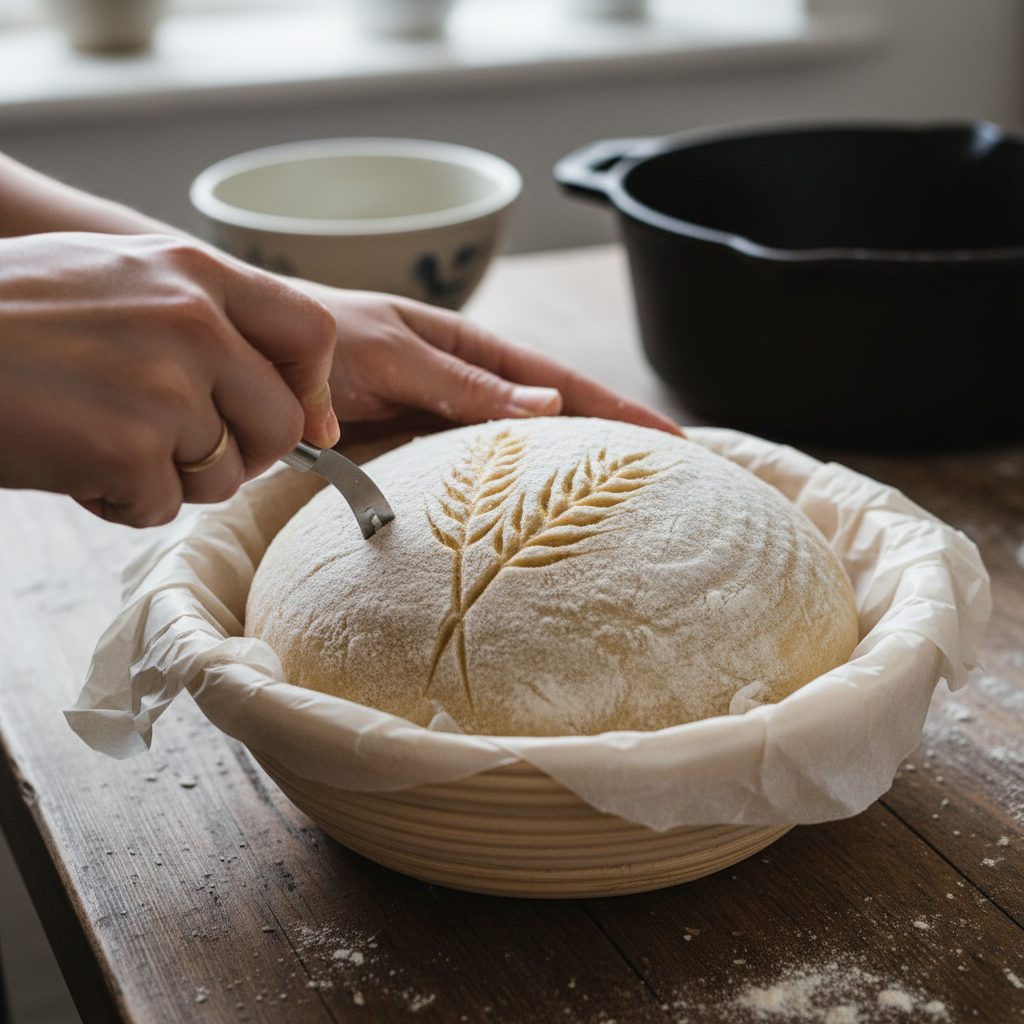 Hands scoring bread dough with a lame showing artistic pattern cuts