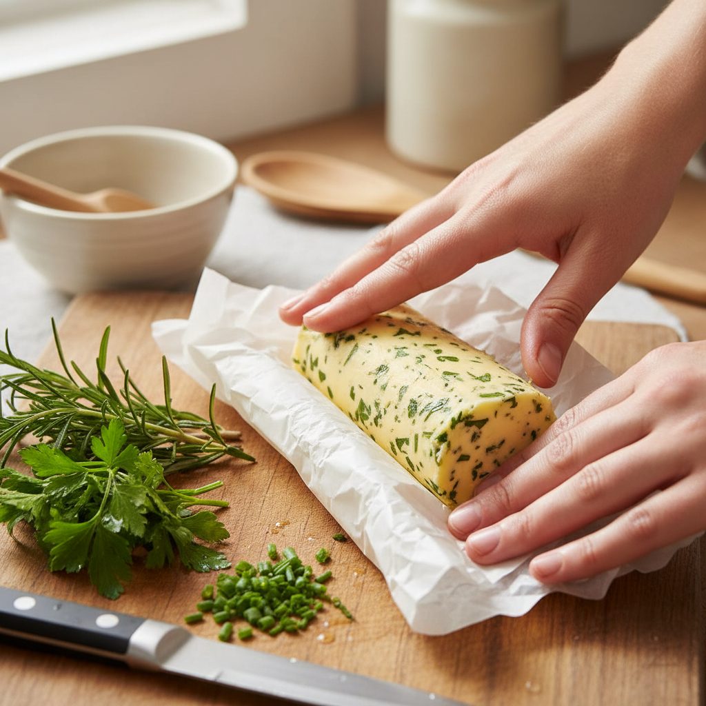 Herb compound butter being rolled in parchment paper with fresh herbs