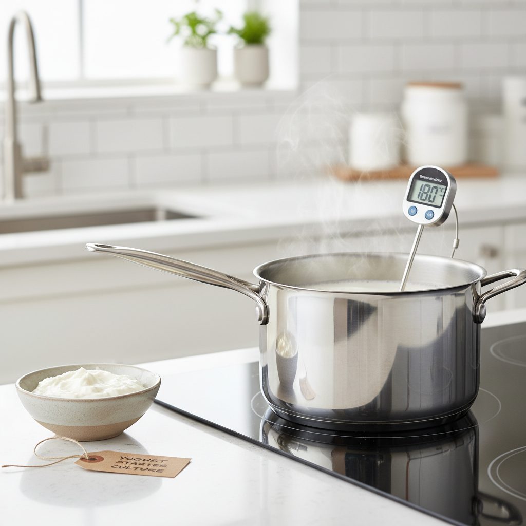Milk being heated with thermometer showing 180F with yogurt starter nearby
