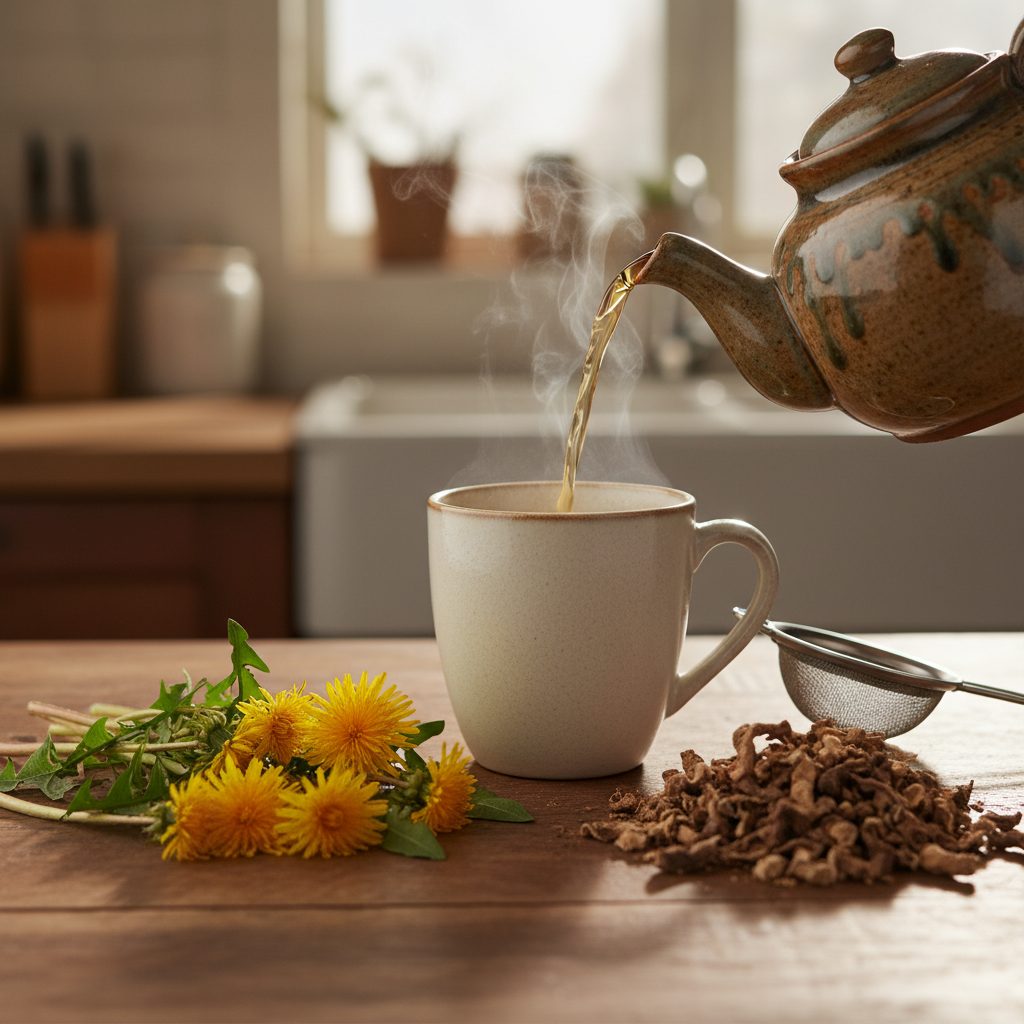 Dandelion root tea being poured with fresh flowers and dried roots on table