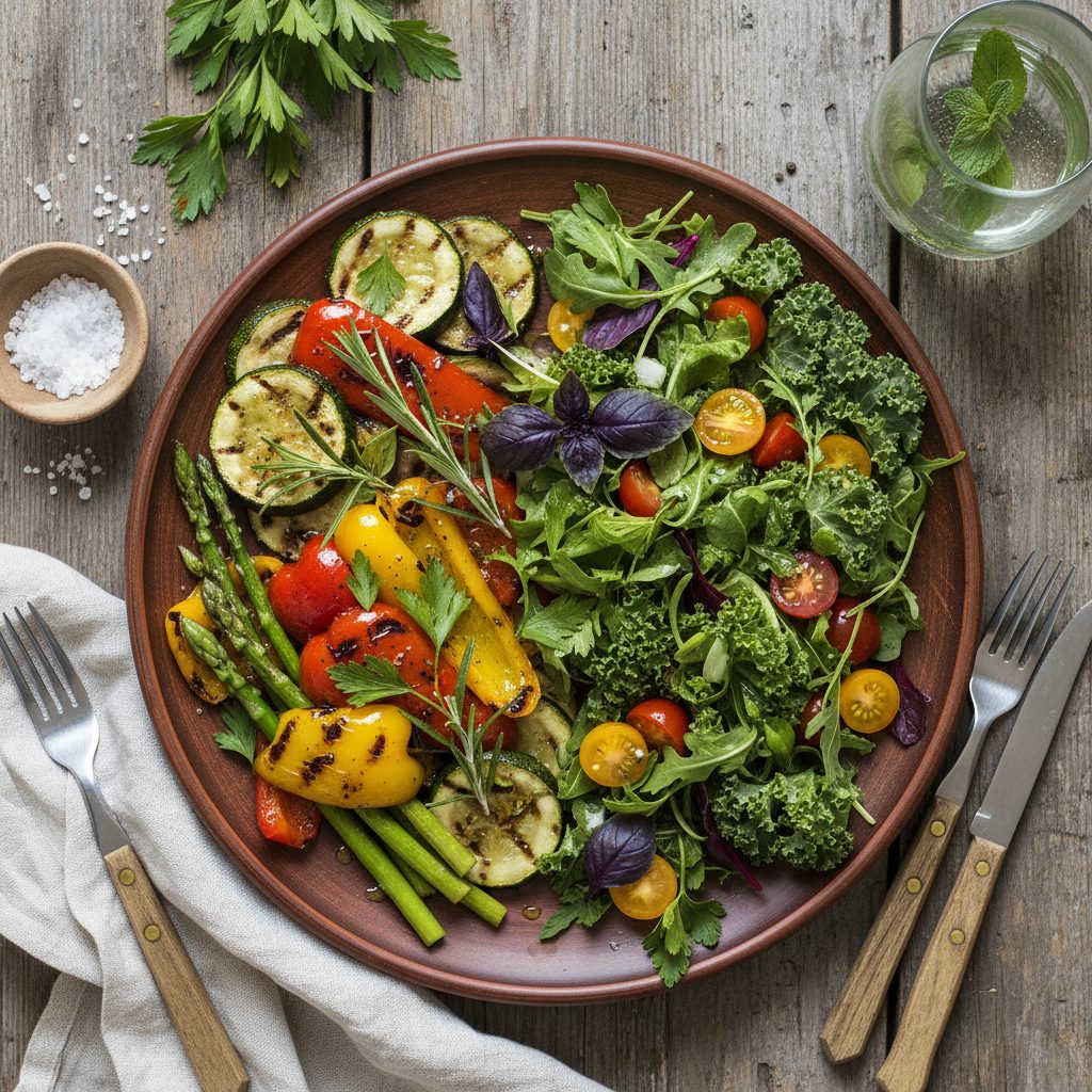 Complete dinner plate made entirely from garden harvest