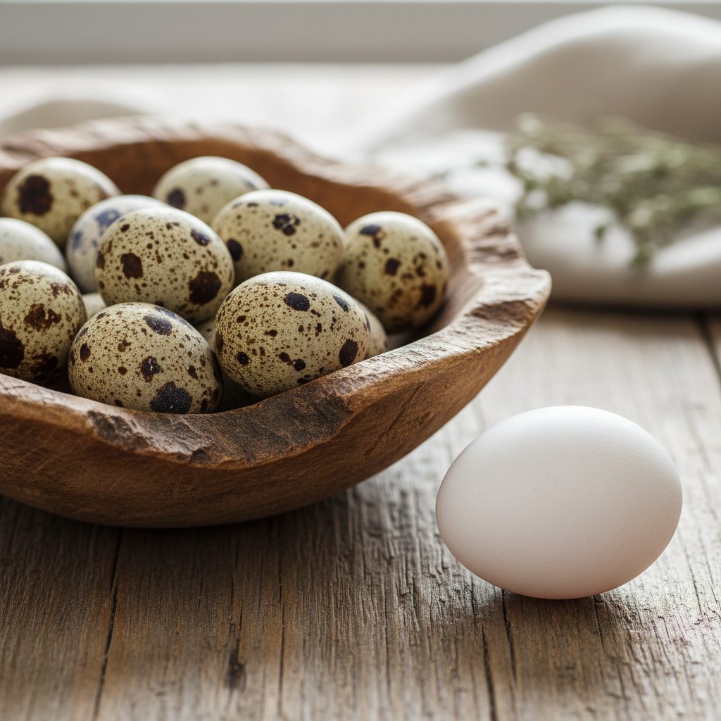 Speckled quail eggs next to a chicken egg for size comparison
